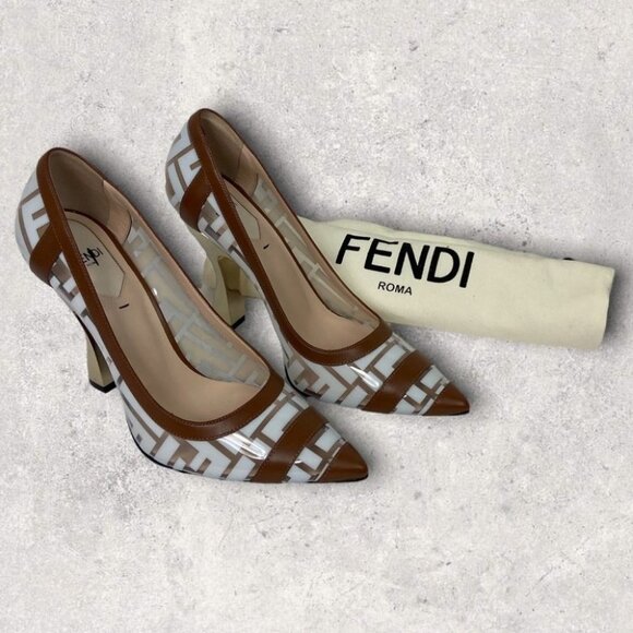 NEW Fendi Colibri Clear Logo Pumps Size 38‎ or 8 Leather Brown White Heels Desig - Picture 1 of 14